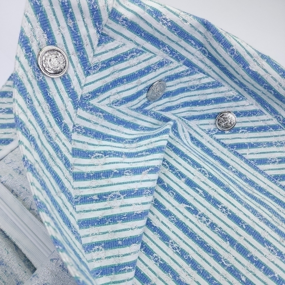 New Doncaster Blue Green White Stripe Silver Foil Buttoned Skirt Sz 14 - Picture 4 of 11